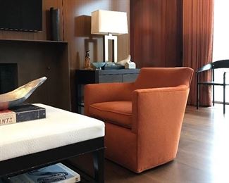 A Rudin custom upholstered bench 

A Rudin 671 lounge chair (1 of pair)
SOLD