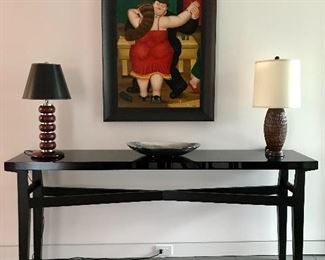 Holly Hunt X-Console table

Golden Triangle burl macassar & chrome lamp c 1930 Hungary

Golden Triangle Mango wood lamp

Botero hand painted reproduction 

