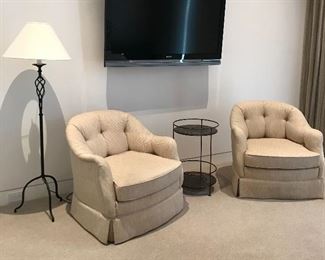 Pair custom skirted & tufted club chairs