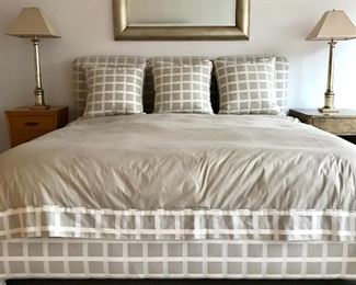 Custom upholstered King bed with matching bedding 

Gilt & beveled mirror

Pair gilt lamps