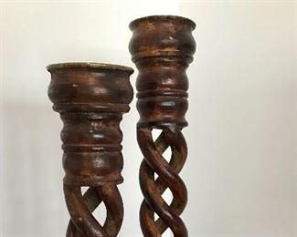 2 large barley twist wooden candlesticks