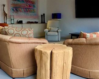 Pr Custom rolled arm skirted sofas
Tree trunk table