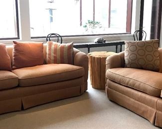 Pr Custom rolled arm skirted sofas
Tree trunk table