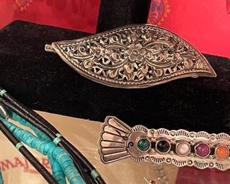 sterling repousse hair clip -just beautiful piece  native american w/ stones hair clip in front 