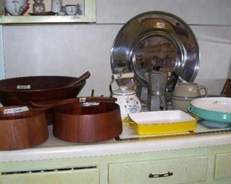 dansk  teak salad bowls   and dansk enamel pans - rare finds in this condition !!