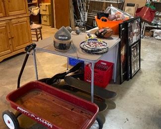  retro  radio flyer   soldid cabinet-  tools  art items -this garage has cool diverse items to hunt for 