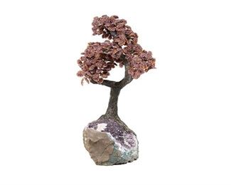 Chinese Hardstone Tree on Amethyst Geode Base