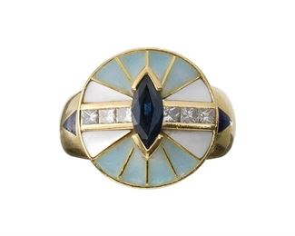 Sapphire Diamond Enamel 18k Gold Ring