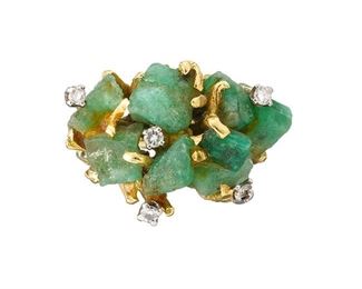 Modernist Raw Emerald Diamond 14k Gold Ring