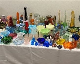 A TREMENDOUS SELECTION OF GORGEOUS FENTON, VIKING, FOSTORIA, INDIANA ART GLASS VASES, BOWLS, TRINKET BOXES AND MORE! 