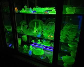 STUNNING COLLECTION OF VASELINE DEPRESSION GLASS.