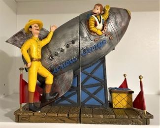 VERY RARE AND HARD TO FIND VINTAGE 1997 LIMITED EDITION CURIOUS GEORGE ROCKETSHIP BOOKENDS WITH HIDDEN COMPARTMENT.