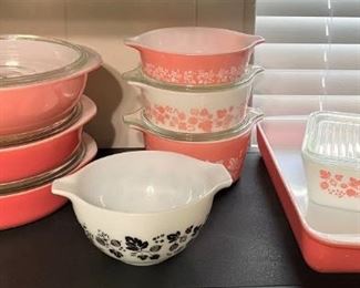 AWESOME PINK PYREX GOOSEBERRY, BLACK GOOSEBERRY AND FLAMINGO PINK PYREX.