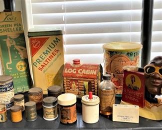 CIRCA 1950s CRACKER TIN, SUN-MAID RAISINS BANK, OLD FOLGERS COFFEE TIN, LOG CABIN SYRUP TIN AND MORE.