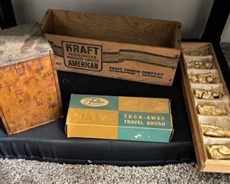 ANTIQUE JAPANESE 7 GODS OF LUCK SIGNED LOOKS LIKE IVORY, ANTIQUE FISHING STRING BOX AND MORE.