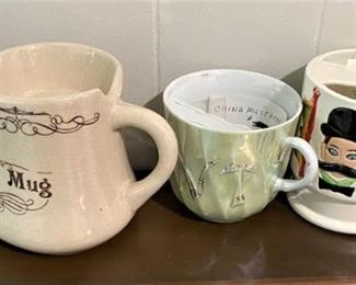 VINTAGE MUSTACHE CUPS AND A VINTAGE SHAVING MUG.