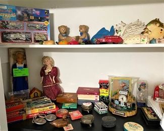 JUST A SMALL GLIMPS AT THE VINTAGE TOYS AND COLLECTIBLES, LIONEL ANIMATED TRAIN ALARM CLOCK, NICE VINTAGE 1973 IDEAL BRANDI 18" DOLL, JUST TO NAME A COUPLE.