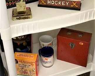 VINTAGE CAST IRON BANK, OLD METAL 45 RECORD BOX WITH RECORDS AND MORE.