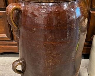 ANTIQUE 5 GALLON CROCK WITH HANDLES.