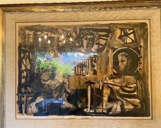 Antoni Clavé  lithograph. $260 "La Sante famille". as found on bottom edge of piece - water