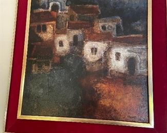 Alvar Suñol Munoz-Ramos (Spanish, born 1935). "Village Español", 1964.   Oil on canvas 22" x 18" as sight, 24" x 28" as framed.  Signed and dated verso : Alvar/Suñol/1964 Label: Galerie Leandro, Geneva.  $1150
