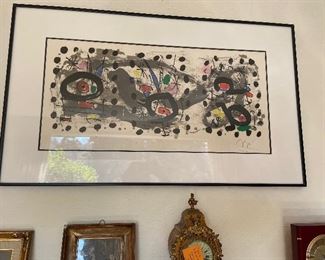 Joan Miró (Spanish artist 1893 - 1983). "Oiseau Solaire, oiseau lunaire, étincelles" from "Revue XXe Siècle", 1967 color lithograph. 14 x 29.25 inches sight, 22.5" x 38", as framed. Published by XXe Siècle éditeur, Paris and printed by Arte Adrien Maeght Mourlot 499.  Strong color $2500