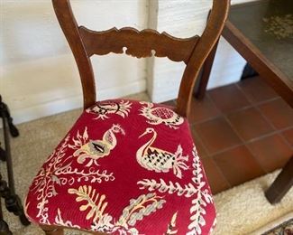 Child sized antique chair, balloon back with adorable upholstery.  29.5"h to the top of the back x 16"w x 16.5"d.  valued at $150 - $300.  asking $100