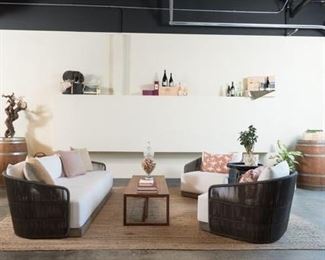 Three piece Restoration Hardware Havana outdoor sofa and chairs.  Cushions are Sunbrella.    Retails for $4295 plus tax and shipping, ($5544and a 6-week wait).  Pick up week of March 14th.  Asking $2800. Not on site, inquire about seeing the pieces.  Restoration Hardware Havana sofa crafted by Louis Ho.  Teak base with outdoor weather resistant cord on the back.    Sunbrella fabric cushions.
68" Classic Sofa Overall: 68"W x 33¾"D x 26½"H
Overall Height With Cushion: 30". Retail for non-member is $2595 plus tax and shipping.   Havana Lounge Classic Chair: 33"W x 33¾"D x 26½"H (30"H with cushion).  Retail $1395 each plus tax and shipping.   