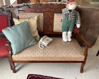 Antique American, Renaissance Revival Style Settee, ca. 1900, oak with original finish; modern upholstery
