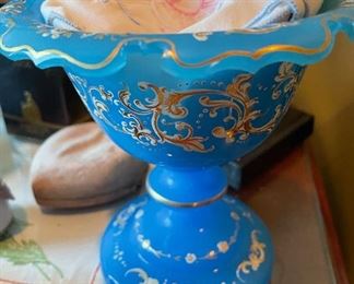 Blue Glass, Gold Detail, Goblet Style Dish