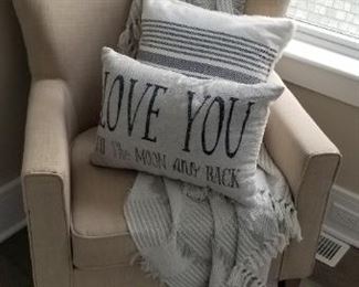 Cute decorator pillows & throw. NOTE: cozy chair is NOT for sale