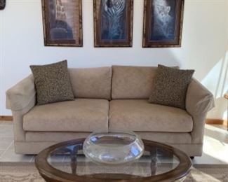 Cream Suede- Feeling Sofa. Round Coffee Table with Glass 