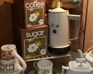 Vintage Kitchen items. Coffee Cannister, Sugar Cannister, Mugs, Coffee Pot, Vintage Kitchen Towel