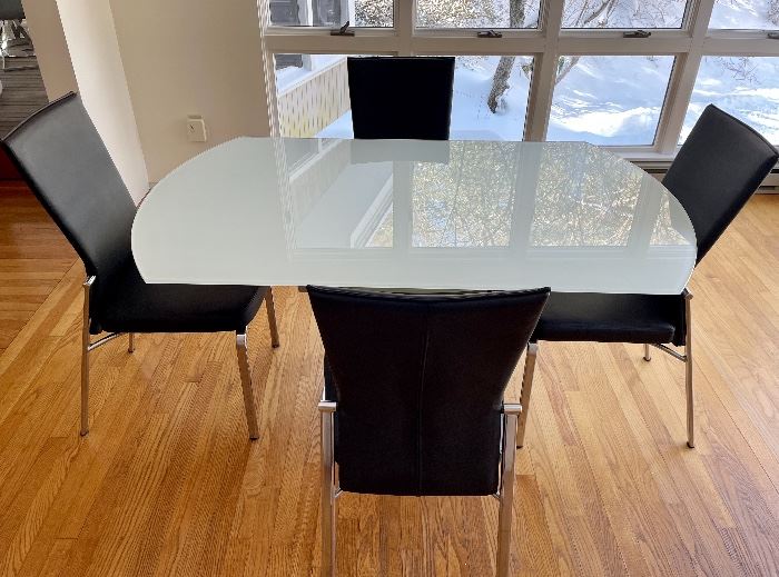 Item 1:  Tempered Glass Table with 4 Faux Leather Chairs with Chrome Accent:  $445/Set                                                                        Table - 57"l x 34.75"w x 29.5"h                                                               Chair - 18"l x 18"w x 38"h