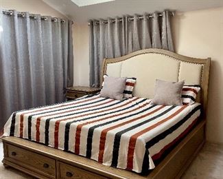 Item 52:  King Bed with Linen Headboard and Nailhead Trim:  $375