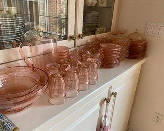 Set of pink depression glass.