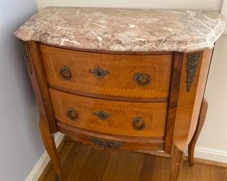 Late Nineteenth-Century French Marble Top Two-Drawer Marquetry End Table with Label.