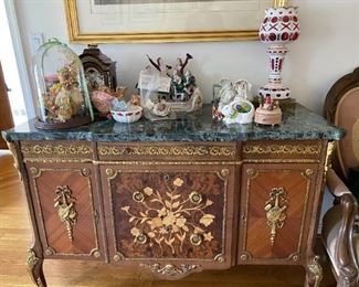 French cabinet with marble top inlay and gilt.
