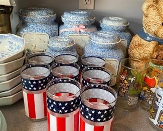 Red, white and blue glasses and canister set.