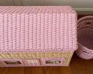 Painted wicker toy box and matching trash can.