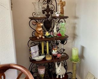 Wrought Iron Etegere, Fenton Glassware and Rabbits 