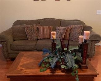 couch (made by Mayo) and coffee table, art glass wall decor