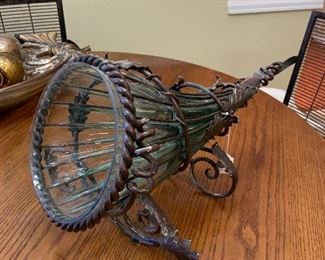 heavy ribbed glass and metal cornucopia