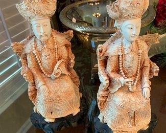 Chinese Emperor and Empress figurines, faux ivory, detailed carving, made in Korea