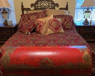 Queen size headboard and bedding, matching end tables and matching lamps