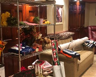 Couch, holiday decor, kids, tons of linens 