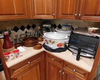 Several Crock Pots With Split Pot. New Sunbeam Mixer