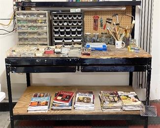Metal Tiered Work Bench with 2 drawers and light.
