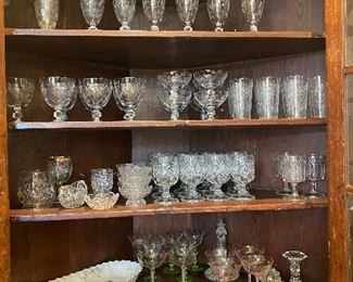 Assorted glassware including “Moon & Stars” pattern. Beautiful fish platter, lots of cut & pressed glass