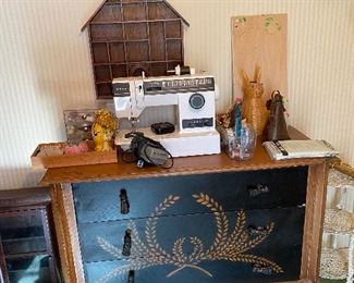 Sewing machine, painted 3 drawer chest